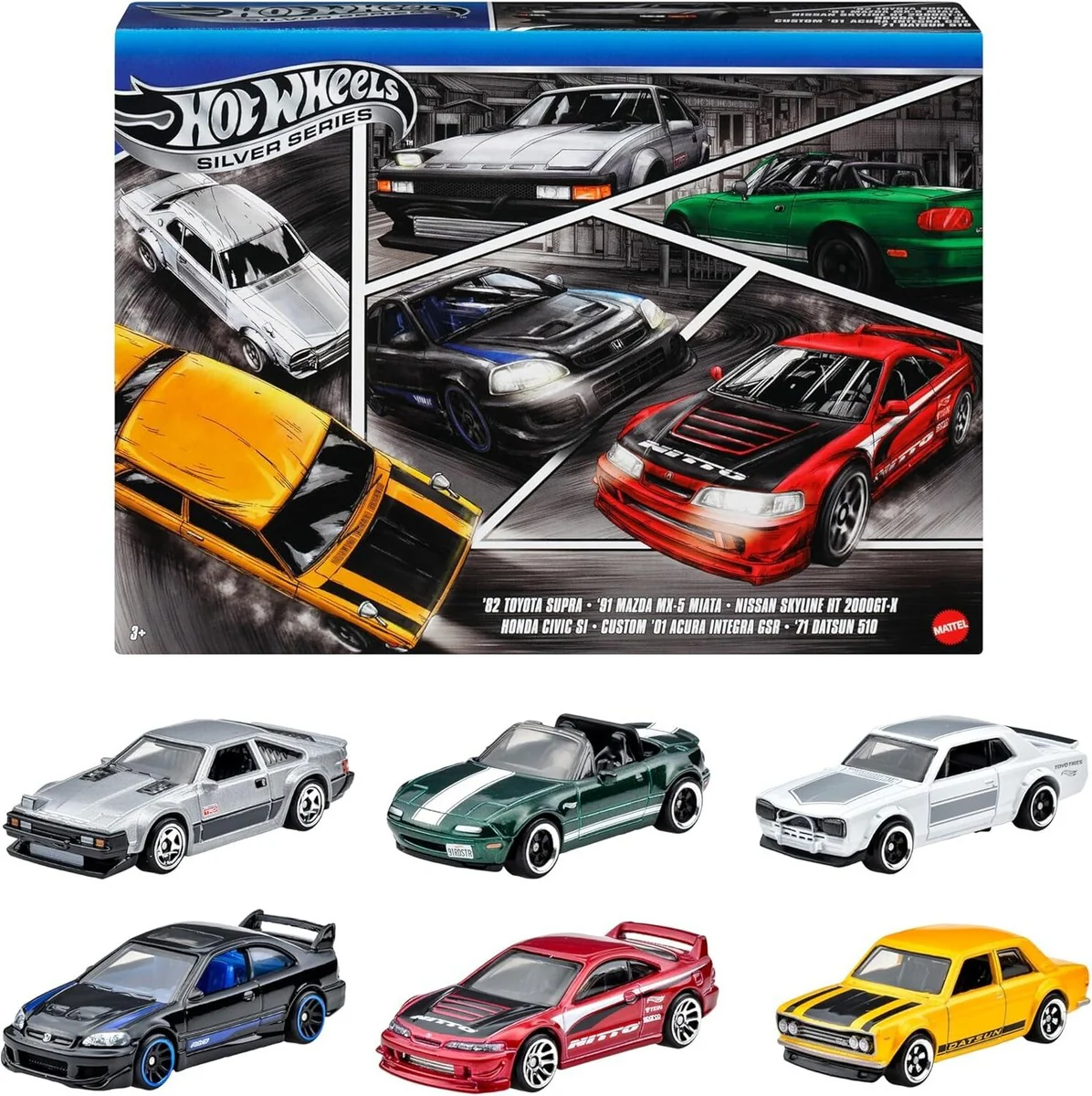 Hot Wheels Silver Series 6 Pack - '82 Toyoto Supra, '91 Mazda MX-5 Miata, Nissan Skyline HT 2000GT-X, Honda Civic SI, Custom '01 Acura Integra GSR & '71 Datsun 510 - Image 2
