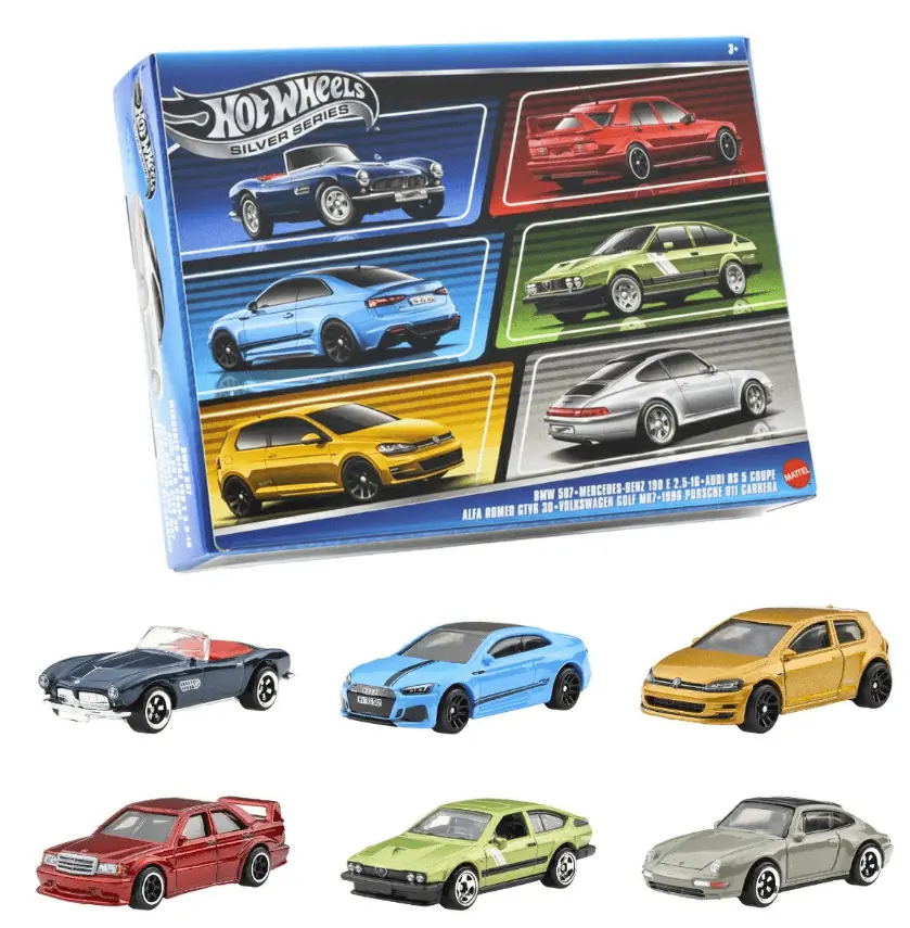 Hot Wheels Silver Series 6 Pack - BMW 507, Mercedes Benz 190 E 2.5-15, Audi RS 5 Coupe, Alfa Romeo GTV6 30, VW Golf MK7 & 1996 Porsche 911 Carrera - Image 2
